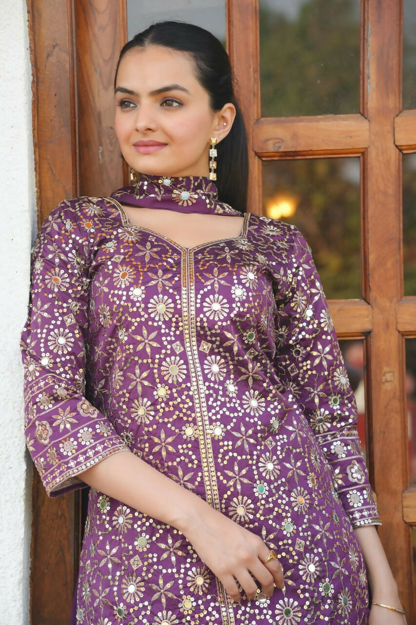 Teeya Creation Wine Color Tapeta Silk Embroidery Work Party Wear Palazzo Set - Distacart