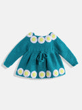 Chutput Kids Woollen Hand Knitted Full Sleeves Daisy Detail Dress For Baby Girls - Sea Green