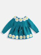 Chutput Kids Woollen Hand Knitted Full Sleeves Daisy Detail Dress For Baby Girls - Sea Green