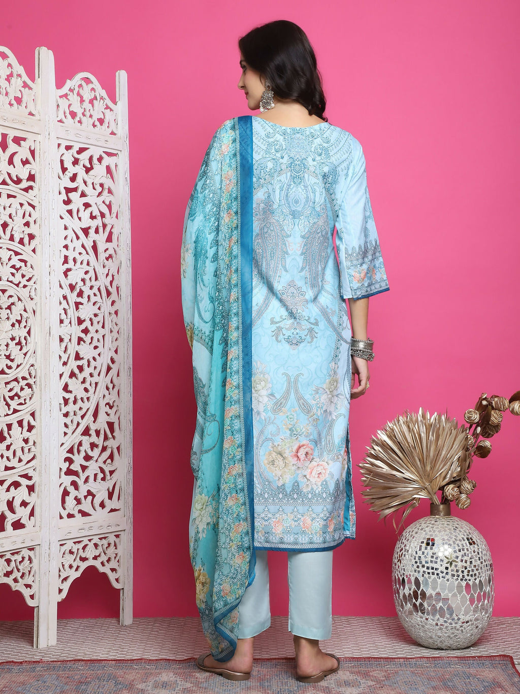 Jyoti Fashion Women's Turquoise Satin Traditional Digital Print with Crystal work Kurta with Trouser & Dupatta