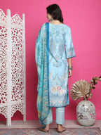 Jyoti Fashion Women's Turquoise Satin Traditional Digital Print with Crystal work Kurta with Trouser & Dupatta
