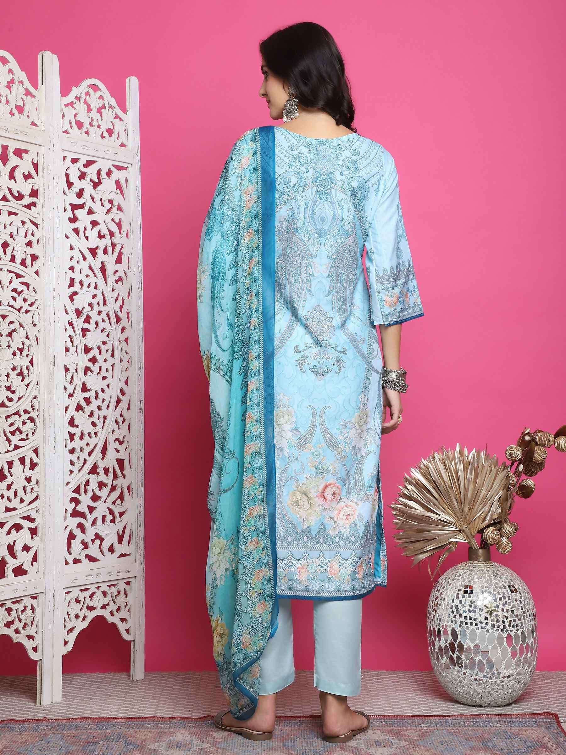 Jyoti Fashion Women's Turquoise Satin Traditional Digital Print with Crystal work Kurta with Trouser & Dupatta