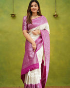 DEIANA'S Beautiful Designer Golden zari Soft Lichi Silk Saree - White