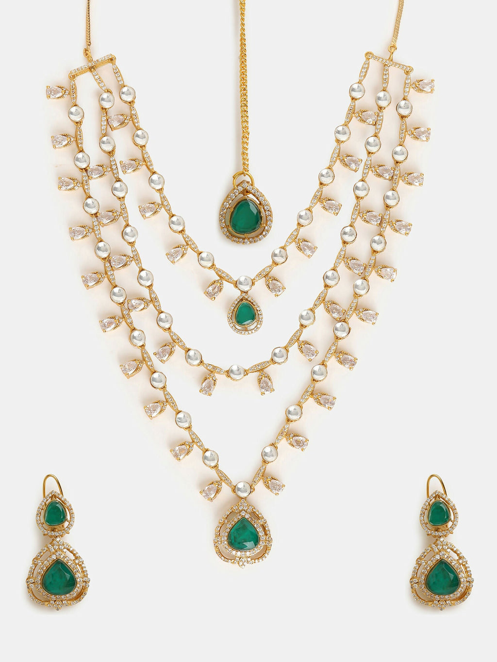 Ruby Raang 22k Gold Polished Layered Kundan And Emerald Necklace With Earrings And Maang Tikka