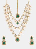 Ruby Raang 22k Gold Polished Layered Kundan And Emerald Necklace With Earrings And Maang Tikka