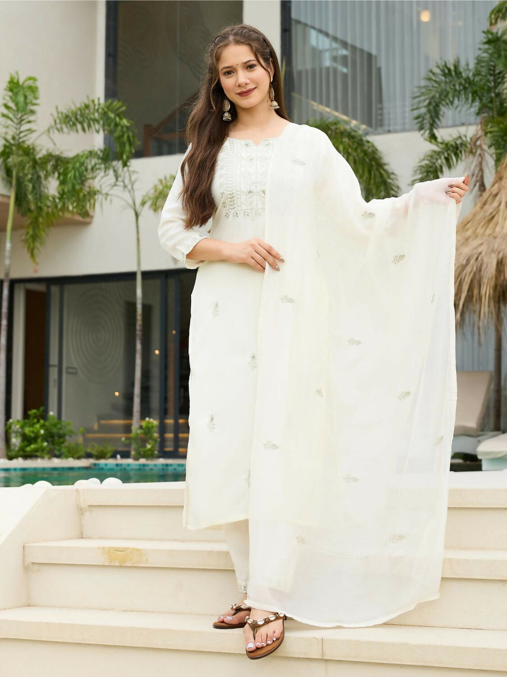 The52 White Women's Beautiful Rayon Slub Fabric Embroidered Work Straight Kurta, Pant and Dupatta Set - Distacart