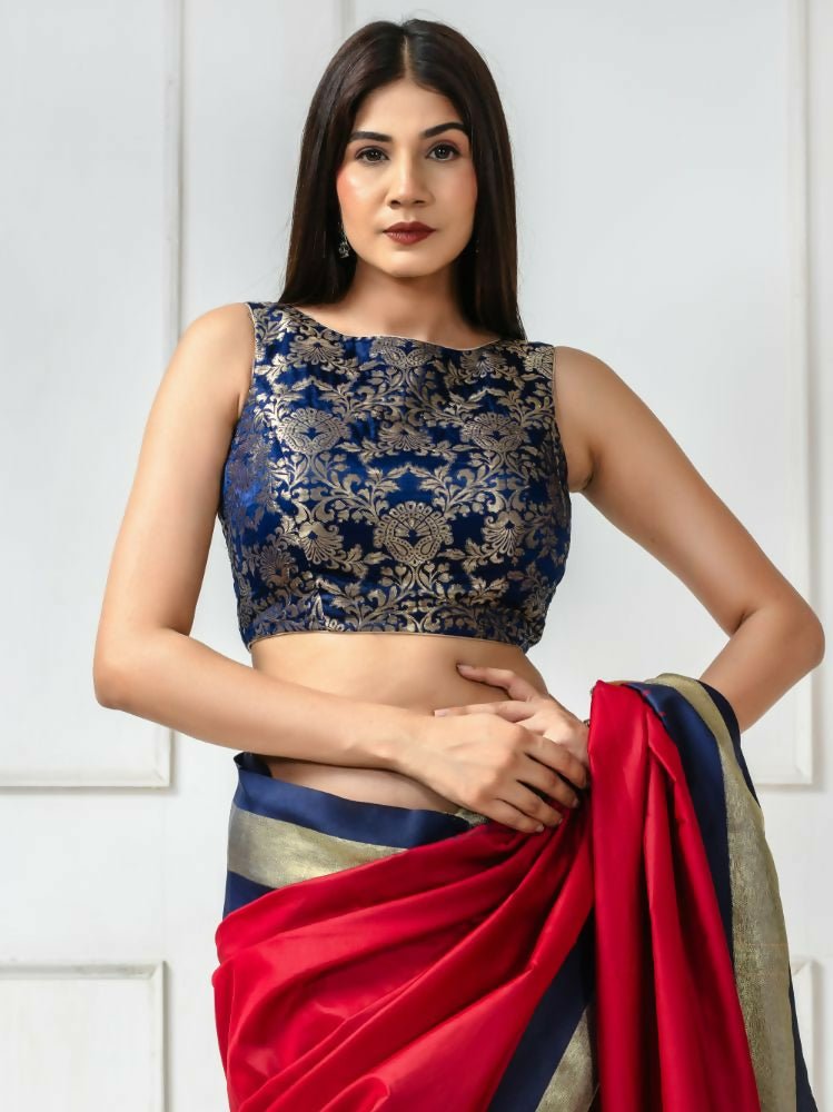 Amodini Designer Studio Women's Banarsi Brocade Sleeveless Blue Blouse
