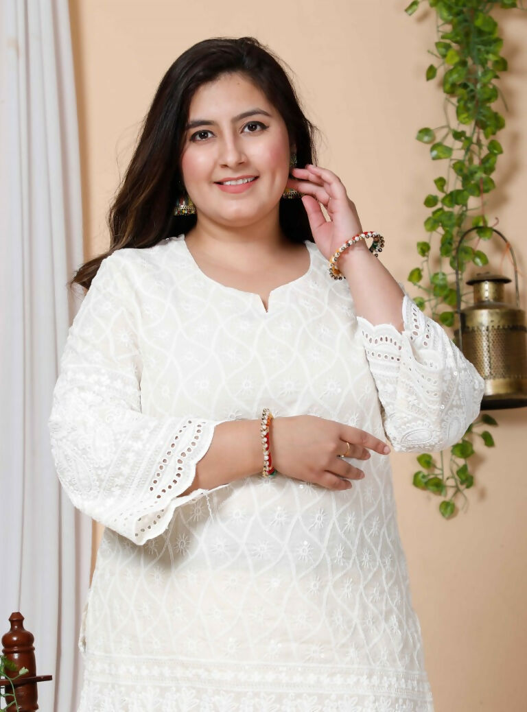 Miravan Women's Plus Size Beige Chikankari Thread Work Kurti With Palazzo