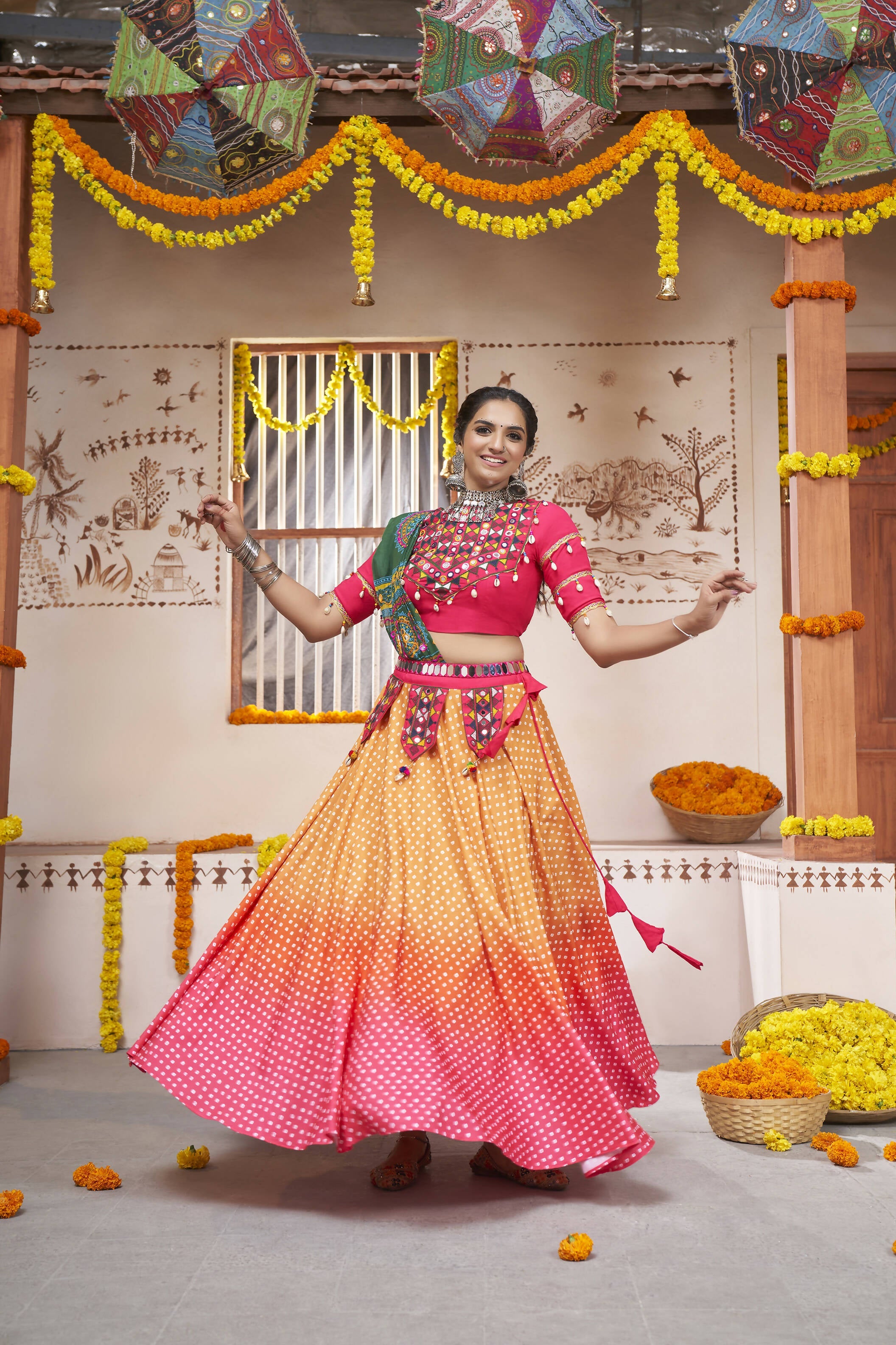 Yellow Rayon All over Print with Embroidery Patch Work Navratri Lehenga Choli with Dupatta - Raas