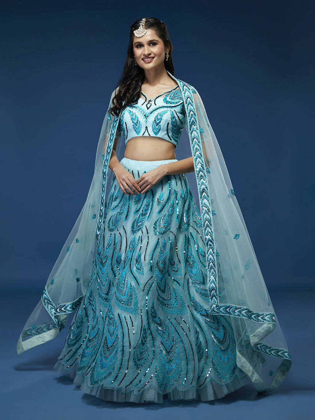 House of Panchhi Seagreen Net Sequins Embroidered Lehenga & Blouse with Dupatta