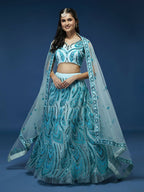House of Panchhi Seagreen Net Sequins Embroidered Lehenga & Blouse with Dupatta