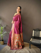 Joban Fashion Maroon Jacquard Butti Soft Lichi Silk Paithani Saree - Distacart