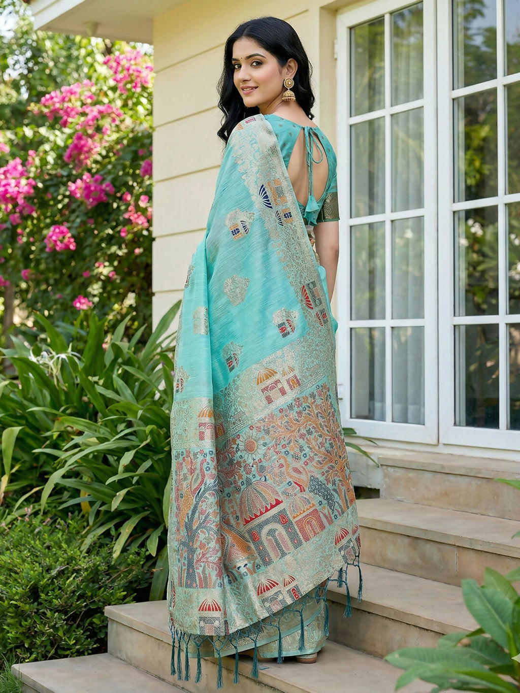 Shree Shyam Fashion Sky Blue Linen Cotton Saree - Distacart