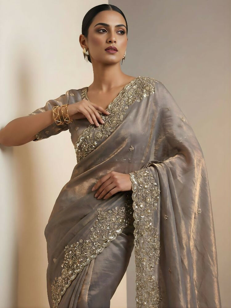 Joban Fashion Beige Fandy Satin Silk Party Wear Sarees - Distacart