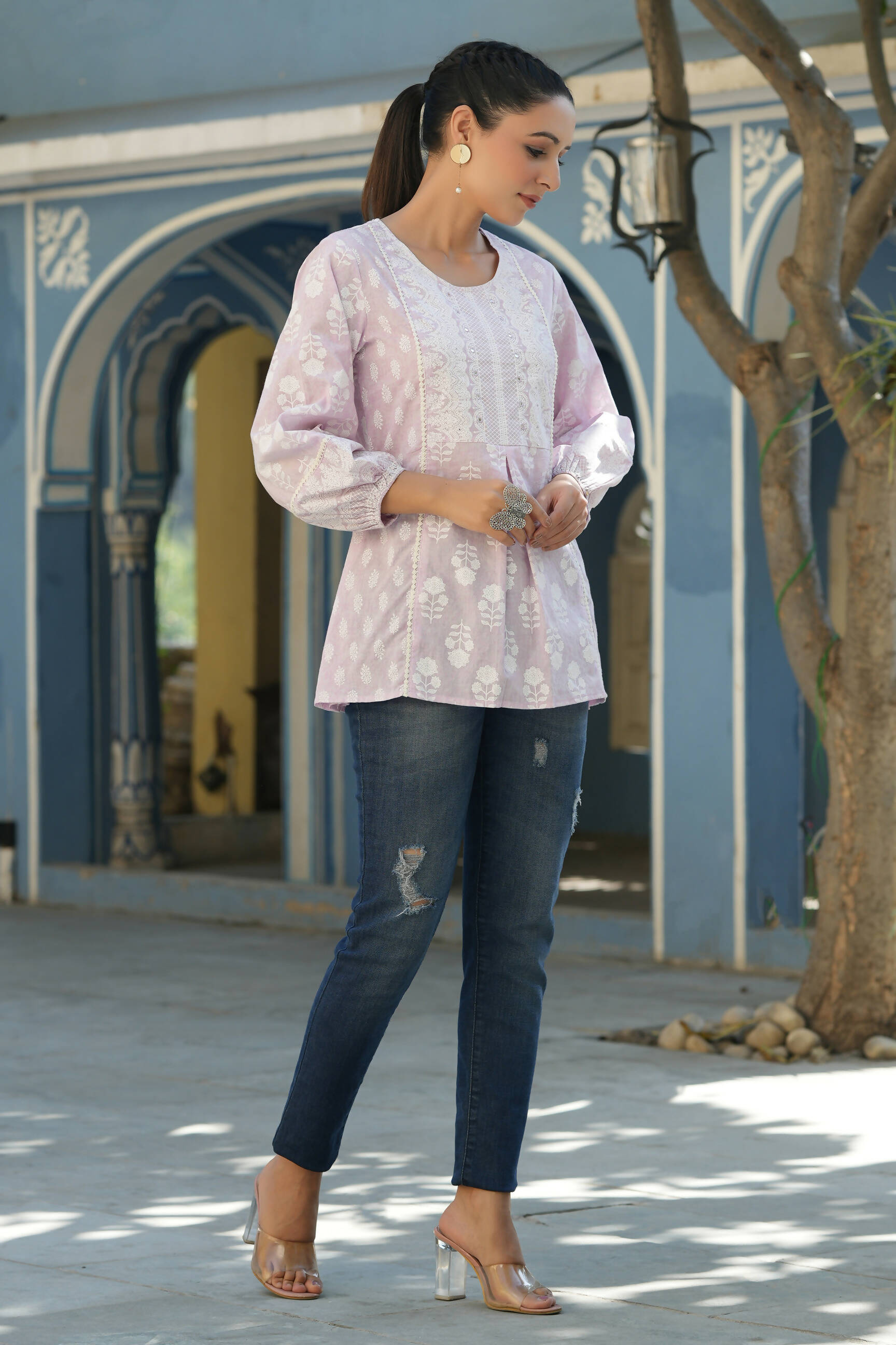 Juniper Women's Lavender Cambric Placement Floral Printed Tunic - Distacart