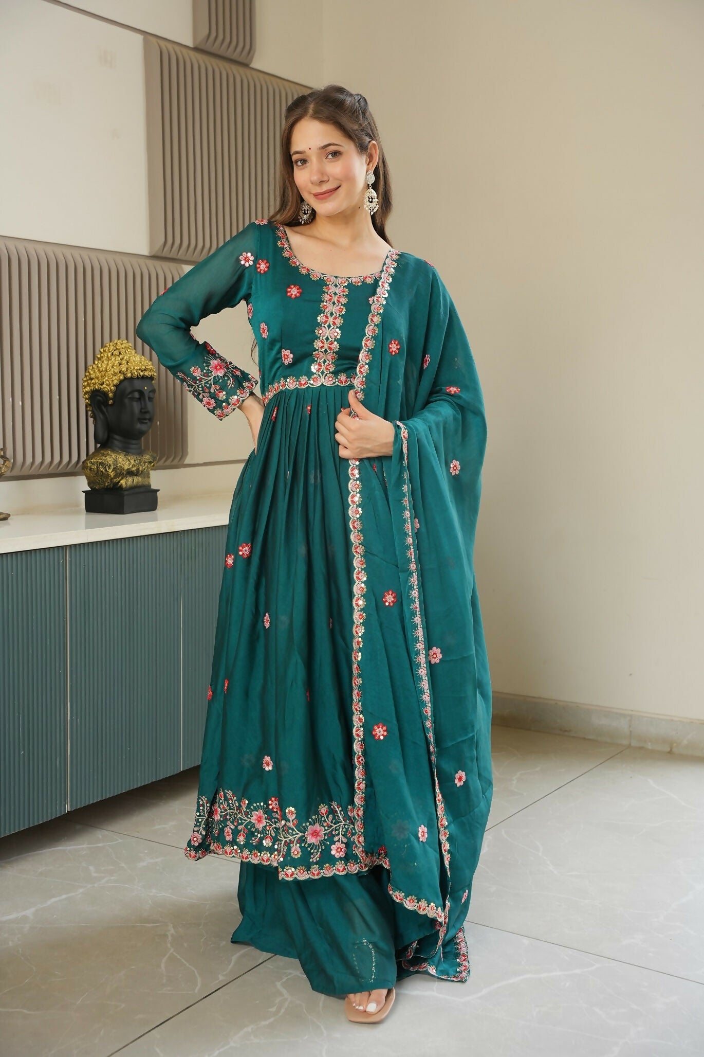 Teeya Creation Rama Color Heavy Crush Silk Wedding Wear Embroidery Work Long Gown - Distacart
