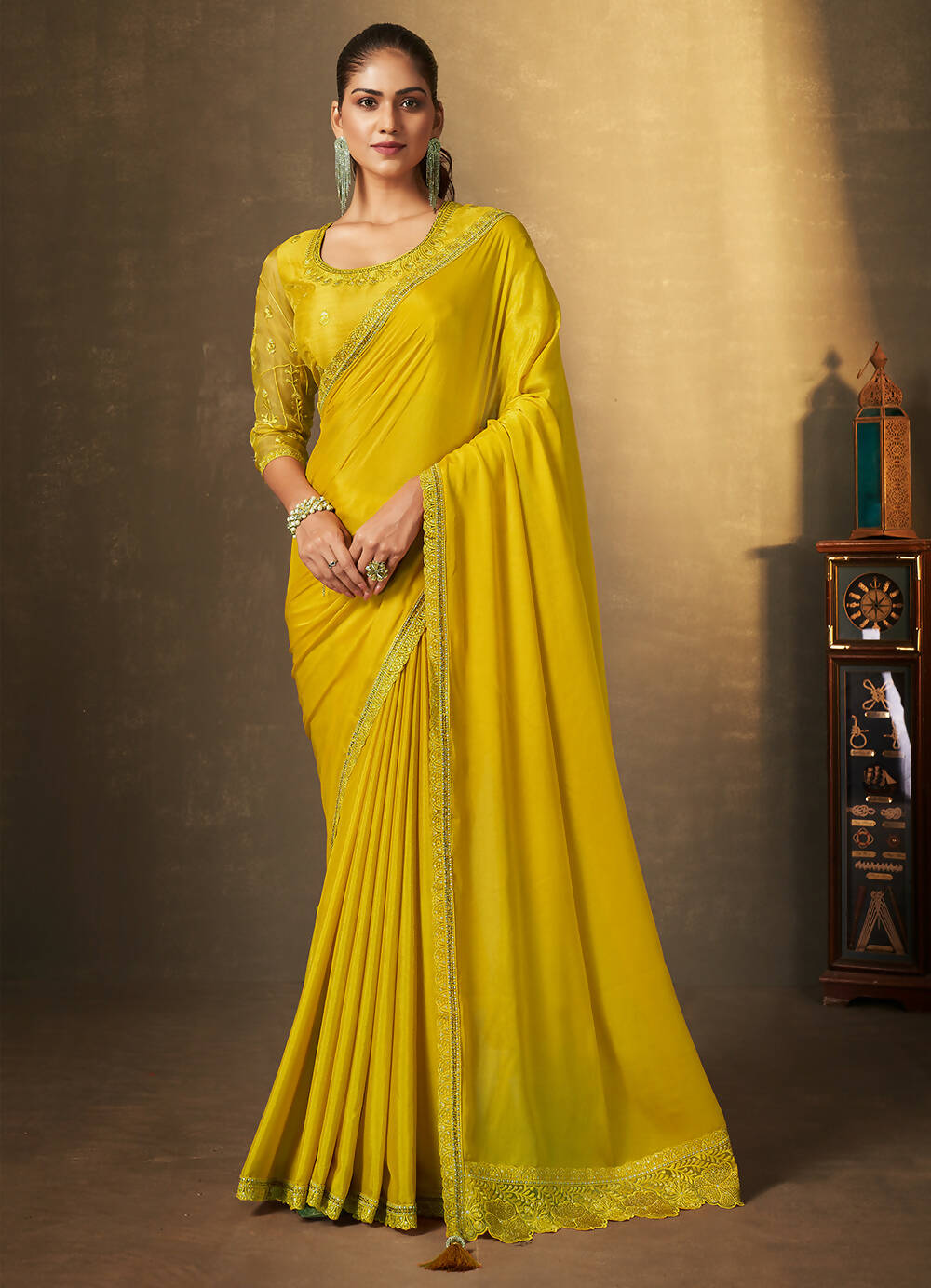 Mustard Satin Silk Floral Embroidered with Swaroski Work Saree With Unstitched Blouse Piece - Norita Royal Erisha