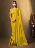 Mustard Satin Silk Floral Embroidered with Swaroski Work Saree With Unstitched Blouse Piece - Norita Royal Erisha