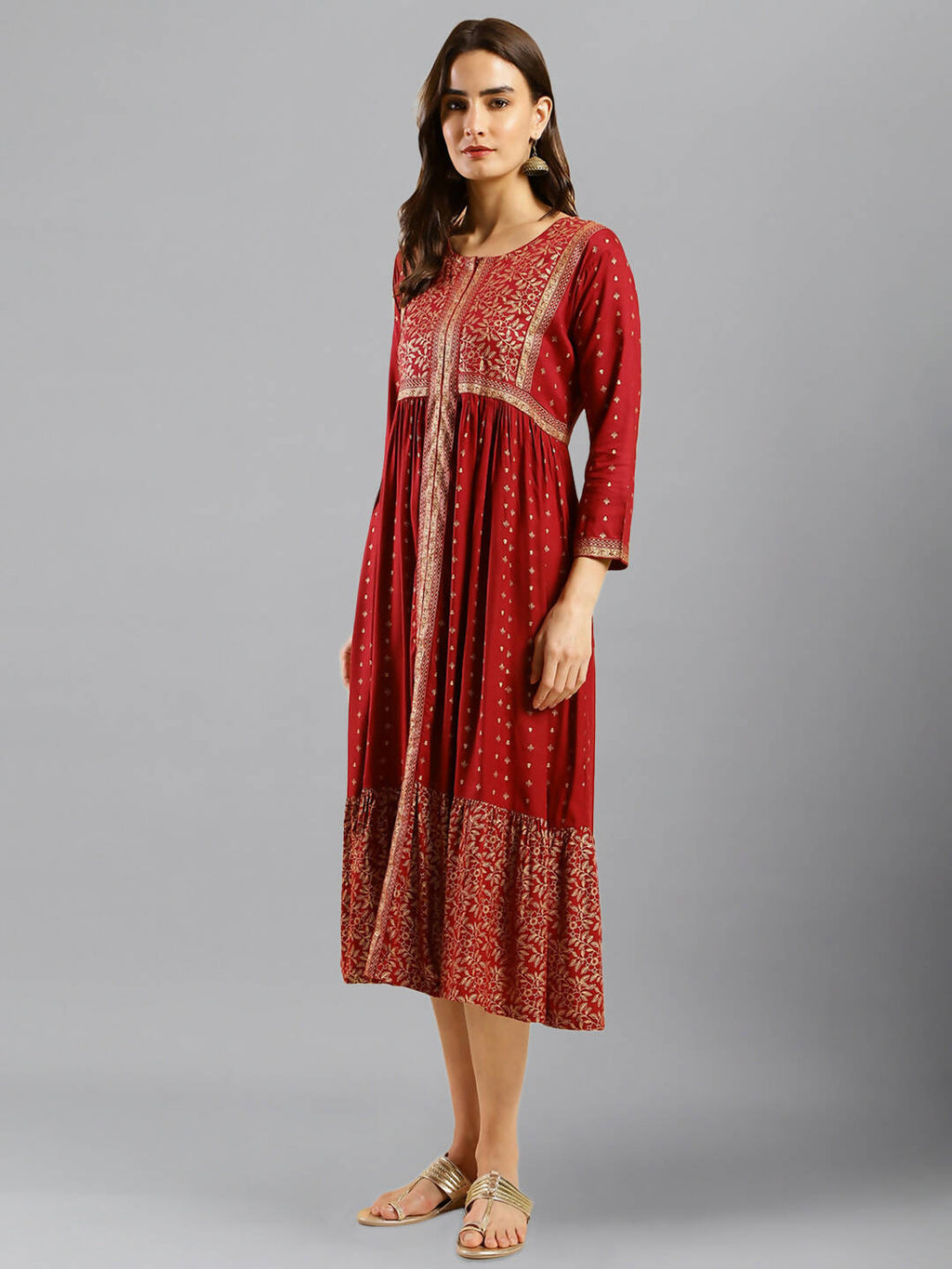 Maroon Viscose Rayon Ethnic Motifs Aline Dress - Poonam - Distacart