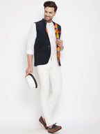 Even Apparels Navy Polyester Men's Nehru Jacket-Contrast Lining-Inbuilt Pocket Square - Distacart
