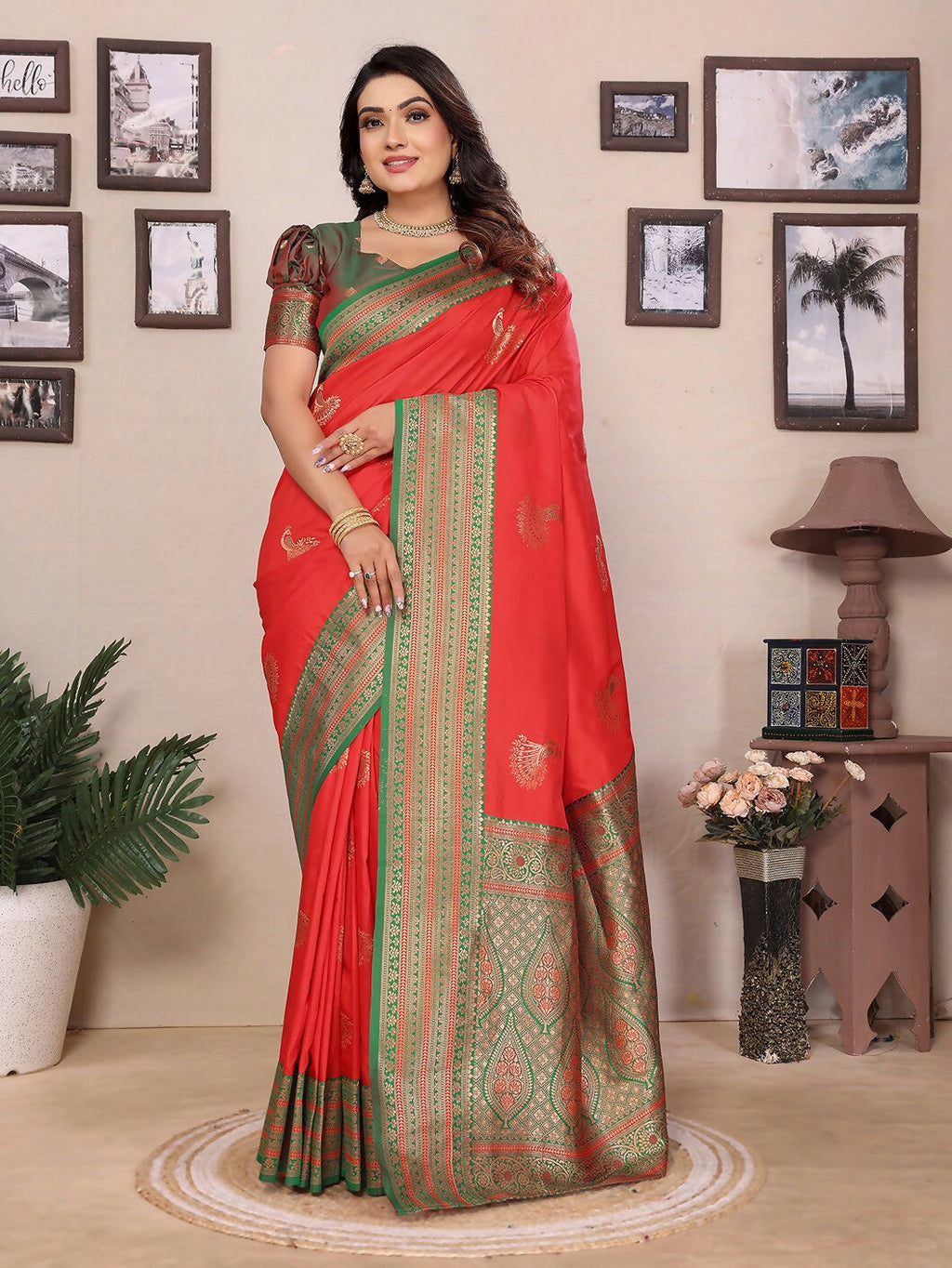 Joban Fashion Banarasi Red Small Butti Soft Silk Saree - Distacart