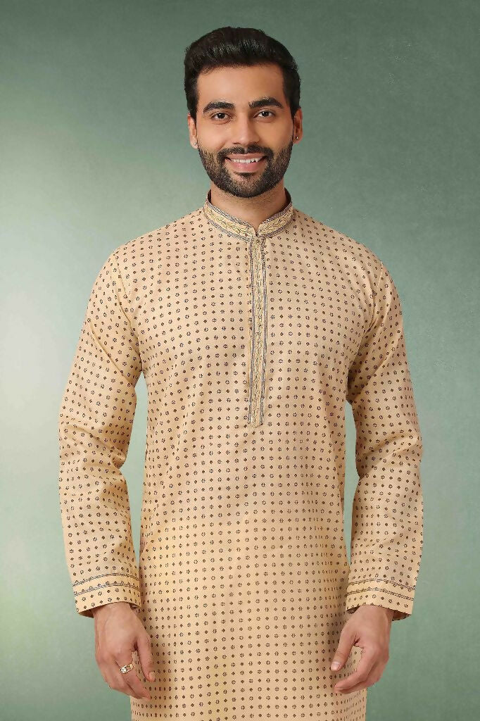Raivat Ethnic Cotton Printed Work Kurta Pajama In Beige Colour