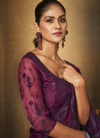 Purple Satin Silk Thread Embroidered with Swaroski Work Saree With Unstitched Blouse Piece - Norita Royal Erisha