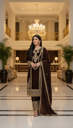 Joban Fashion Coffee Kurta Set Velvet Embroidery Sequence Work - Distacart