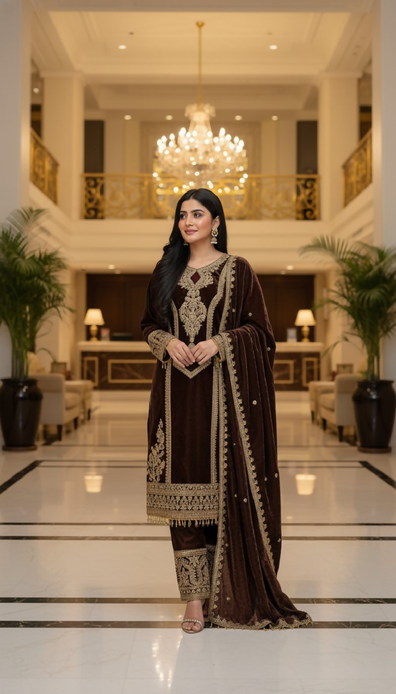 Joban Fashion Coffee Kurta Set Velvet Embroidery Sequence Work - Distacart
