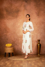 Joban Fashion Off White Pink Floral Hand Block Printed Cotton Kurta Pant Set - Distacart