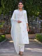 Juniper Women's Off-White Chinnon Embroidered Kurta Pant Dupatta Set - Distacart