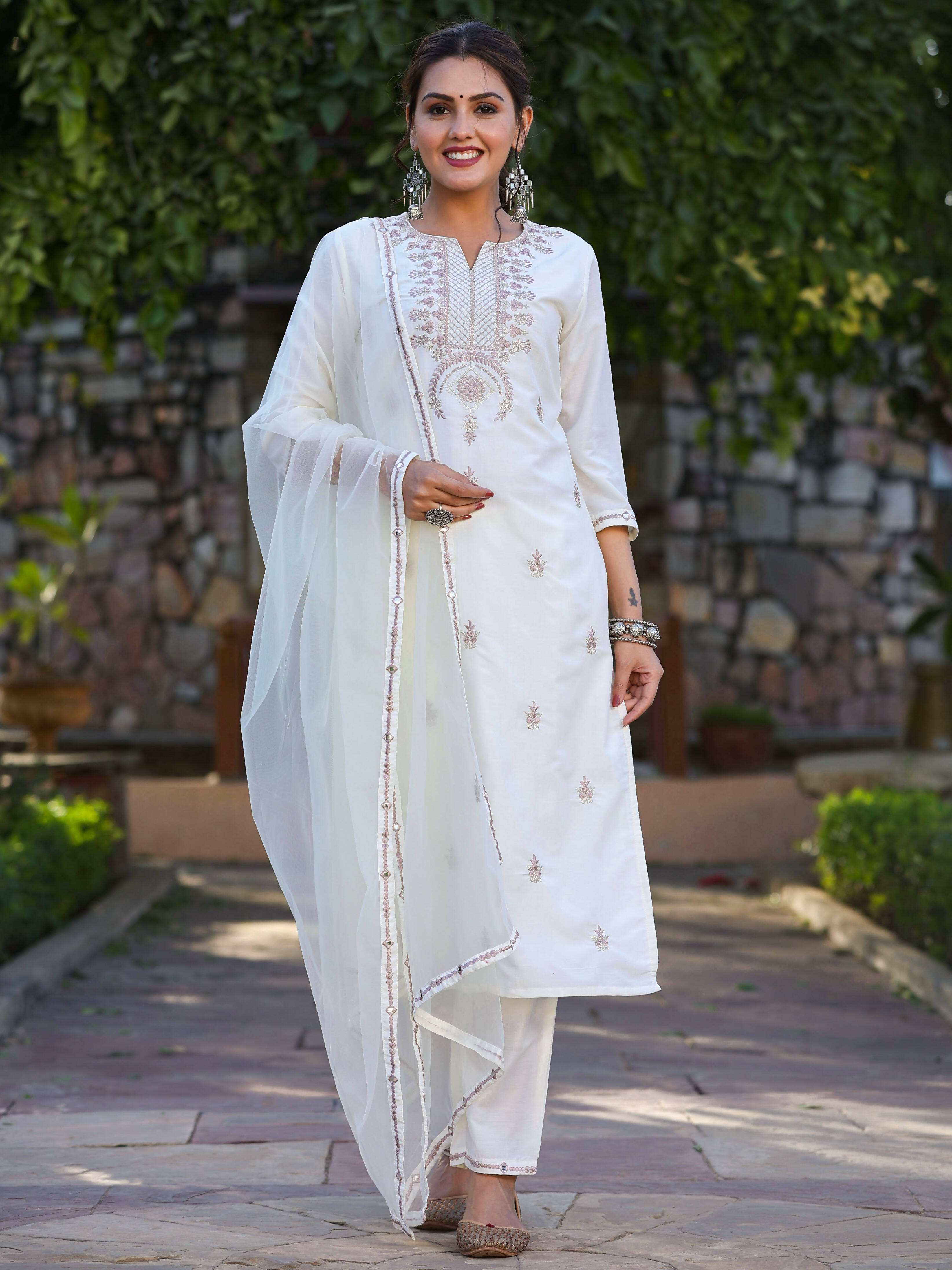 Juniper Women's Off-White Chinnon Embroidered Kurta Pant Dupatta Set - Distacart