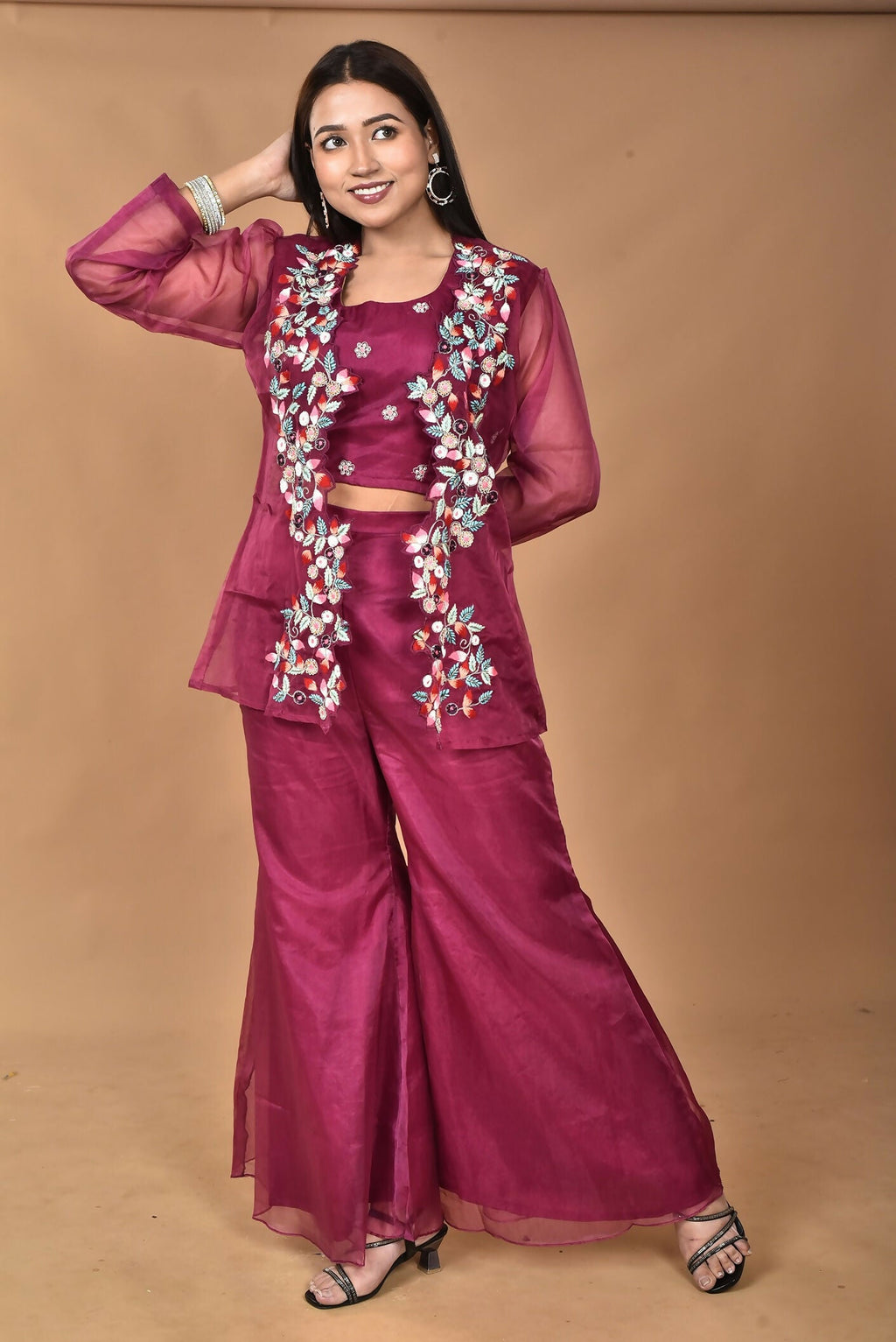 Morchari Women Hand Embroidery Crop Top-Magenta