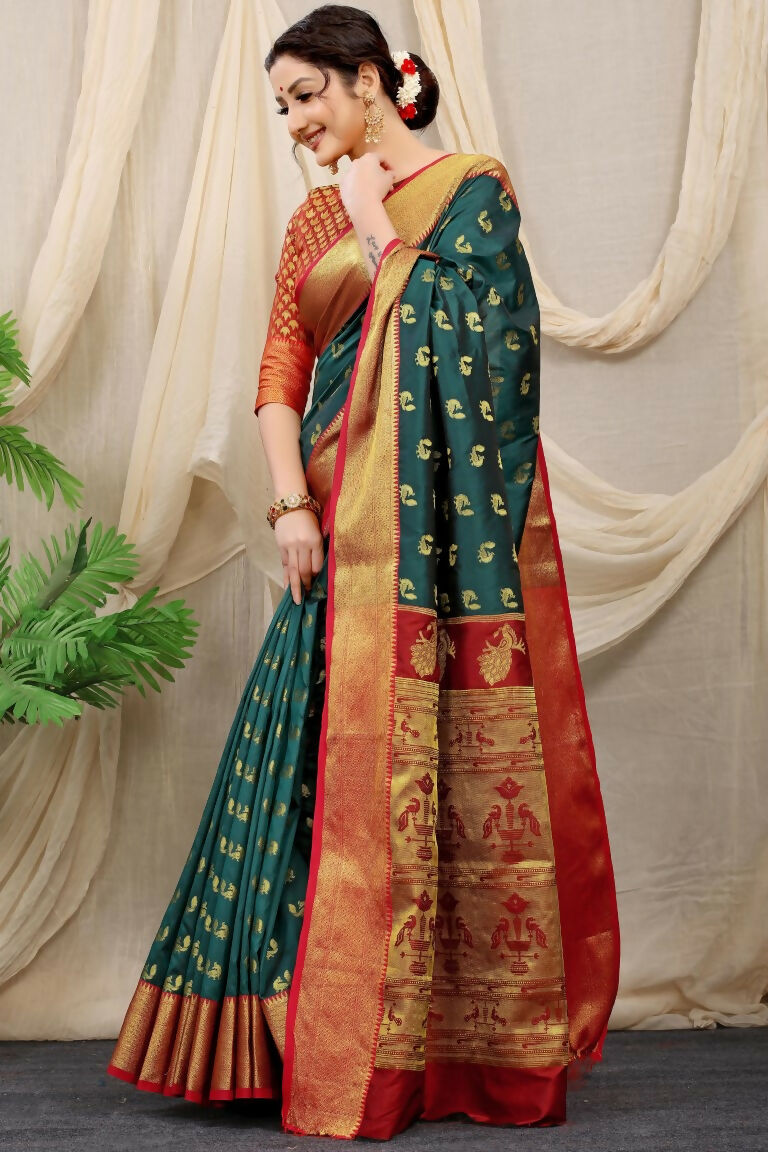 Jyoti Fashion Women's Bottle Green Banarasi Silk Zari Woven Saree with Blouse