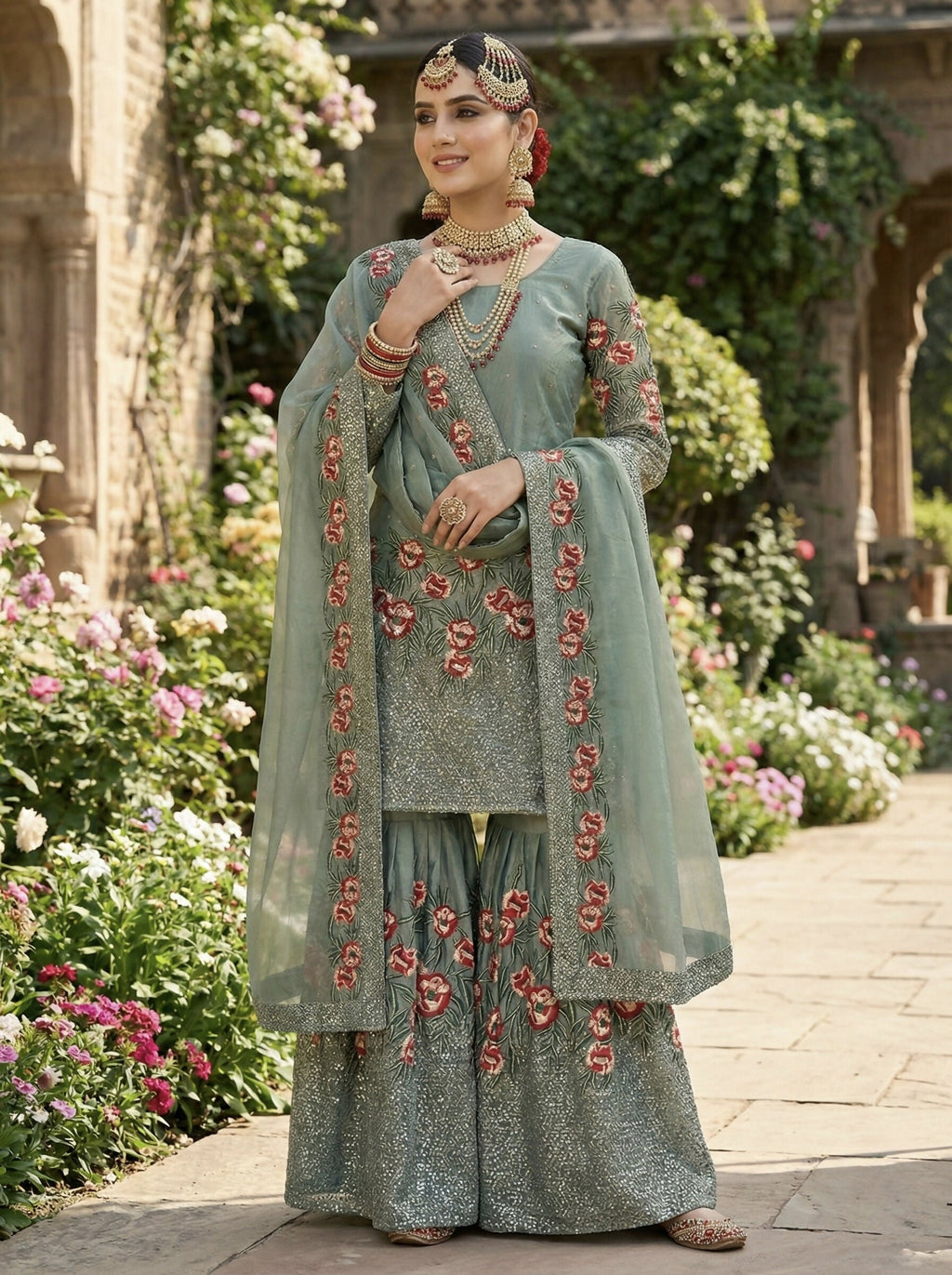 Teeya Creation Teal Fendy Silk Heavy Embroidery Work Party Wear Sharara Suit - Distacart