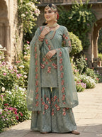 Teeya Creation Teal Fendy Silk Heavy Embroidery Work Party Wear Sharara Suit - Distacart