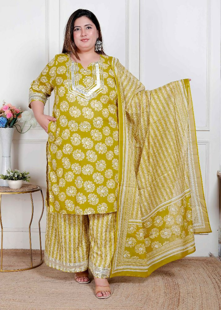 Miravan Plus Size Women'S Lime Yellow Embroidered Straight Kurta With Palazzo And Dupatta - Distacart