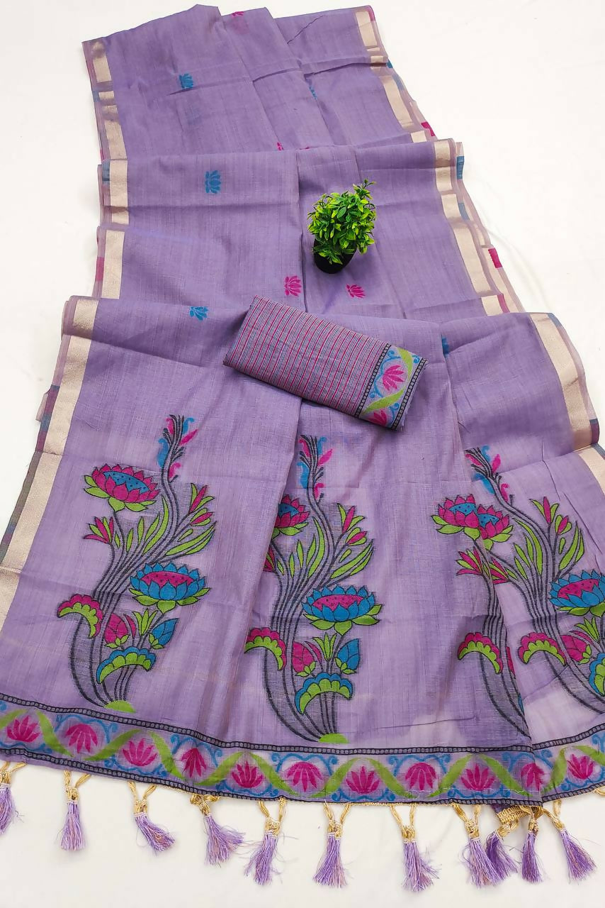 Vastranavya Lavender Muga Cotton Meenakari & Azarakh Pallu Saree with Contrast Blouse - Distacart
