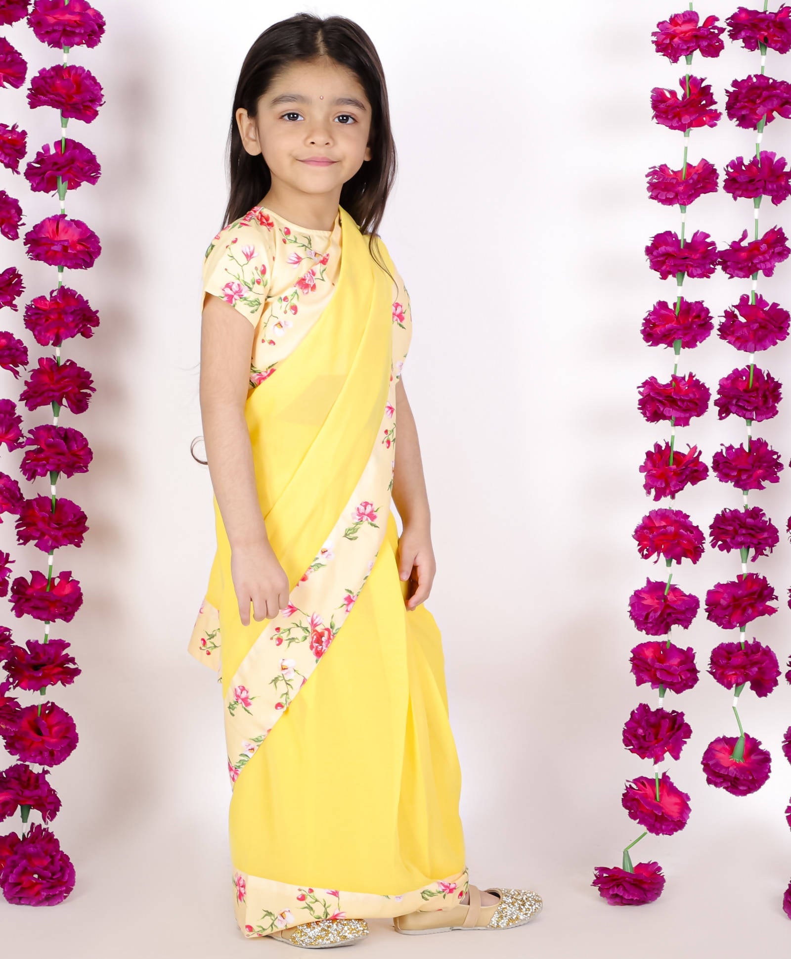 Little Bansi Girls Yellow Color 90's Era Saree with Silk Floral Blouse