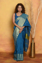 Very Much Indian Handloom Pure Cotton Linen Saree With Golden Border - Serene Blue - Distacart