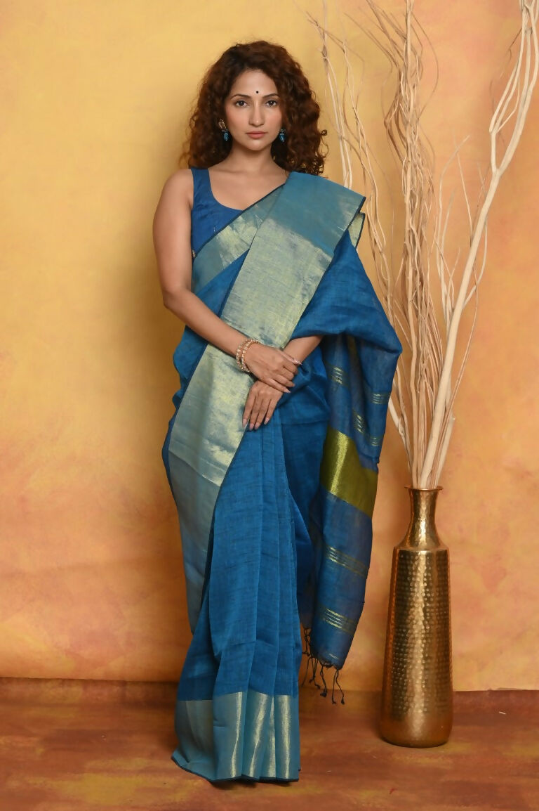 Very Much Indian Handloom Pure Cotton Linen Saree With Golden Border - Serene Blue - Distacart