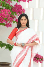 Beatitude White Cotton Zig Zag Border Handloom Saree