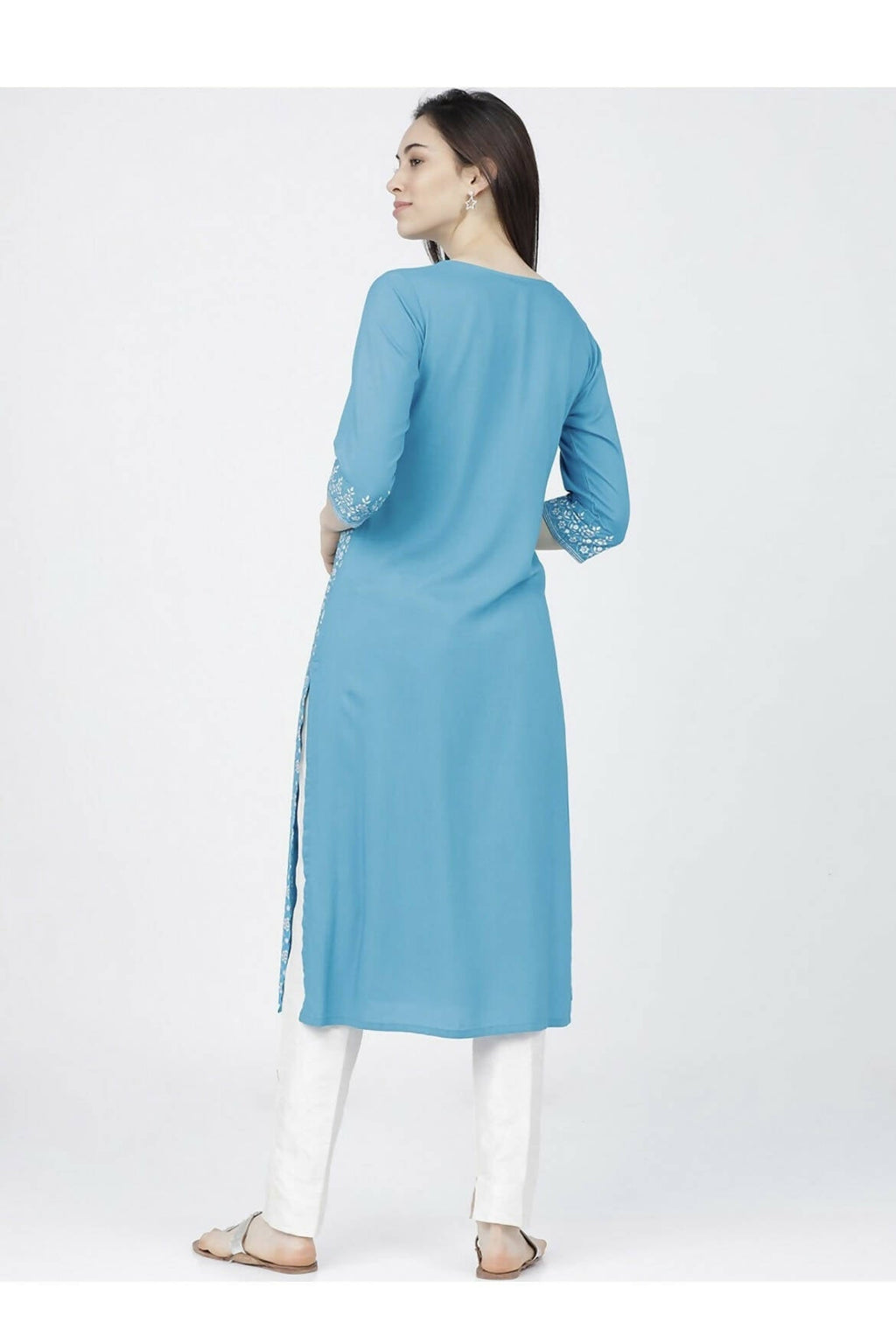 Indian Clothing Cheera Embellished Daily Wear Cotton Blend Kurta - Sky Blue