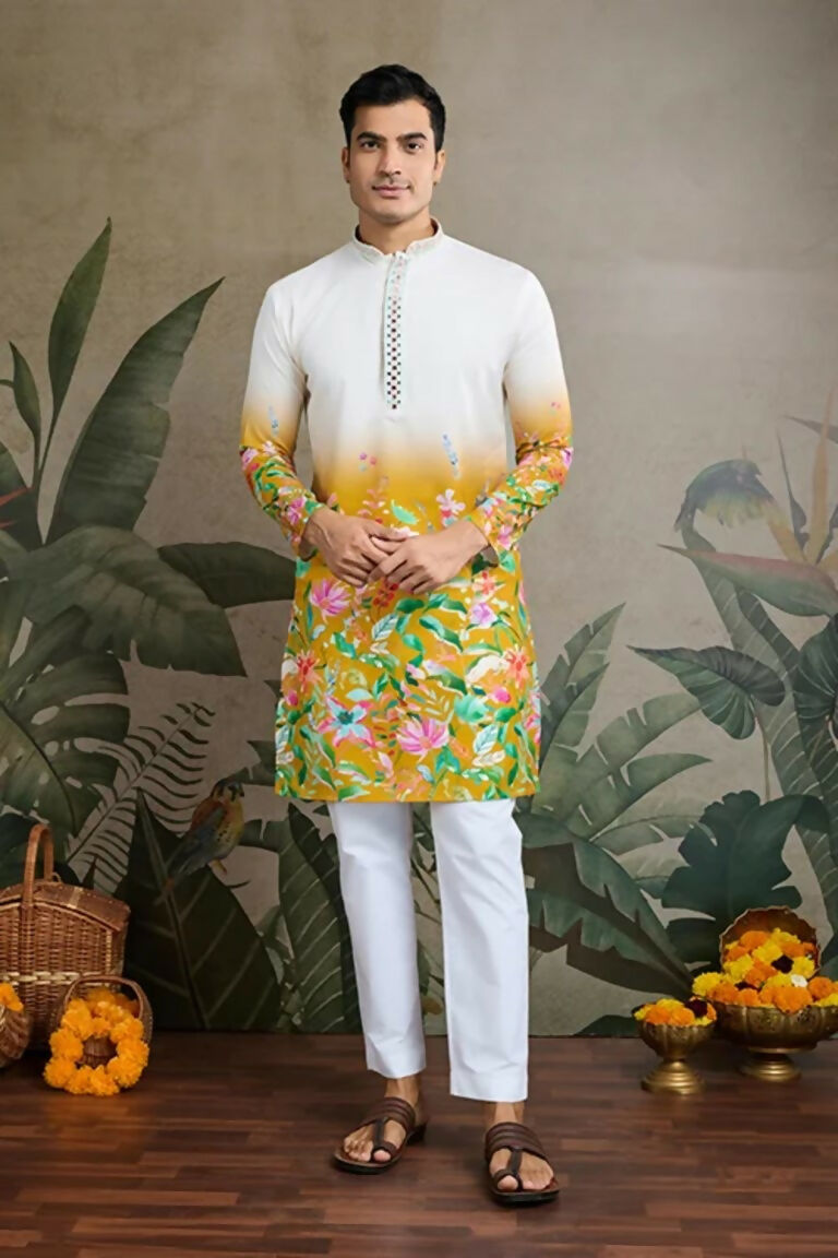 Vastranavya Exclusive Hand Mirror Work with Digital Print Mens Kurta