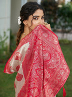 Shree Shyam Fashion Cream With Red Silk Blend Saree - Distacart