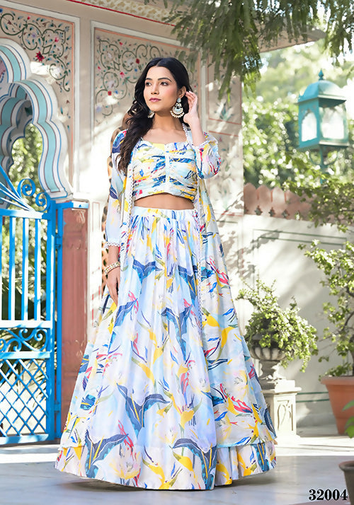 Wedding Partywear Offwhite Slim Georgette Lehenga Choli with Shrug- Shehnaaz