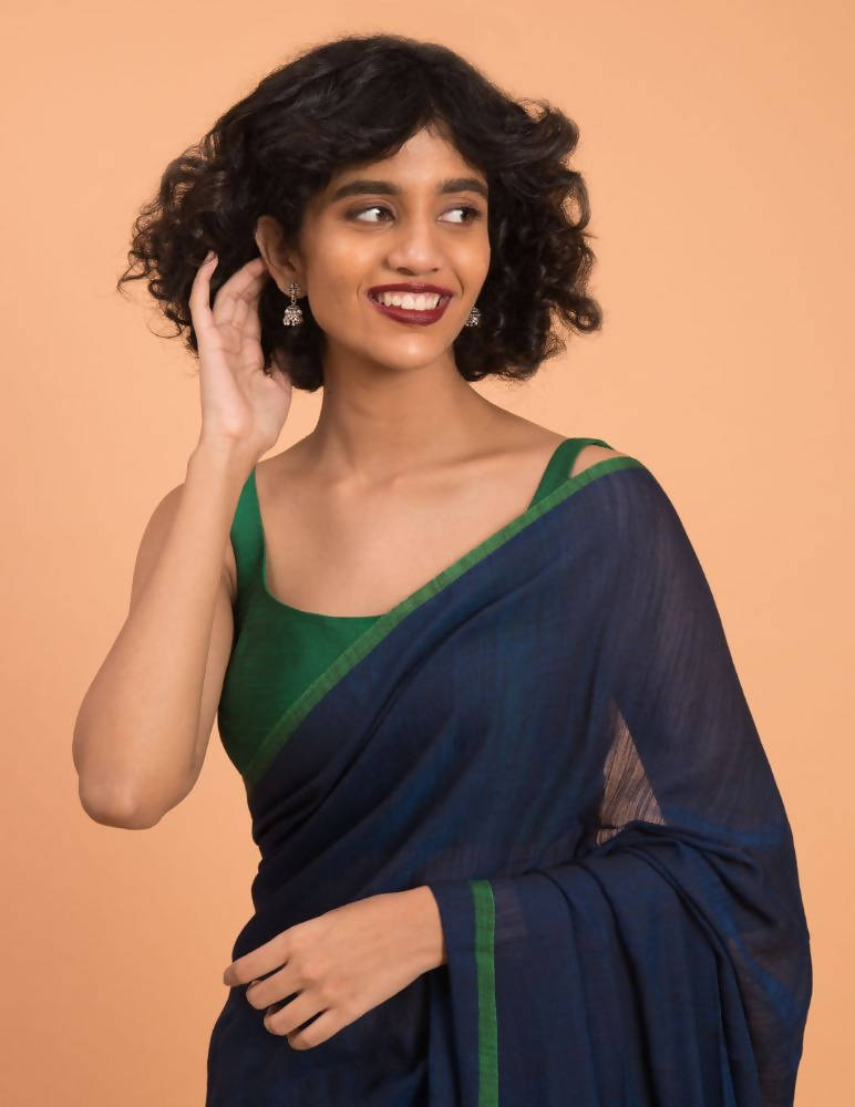 Suta Blue Green Solid Cotton Blend Saree - Distacart