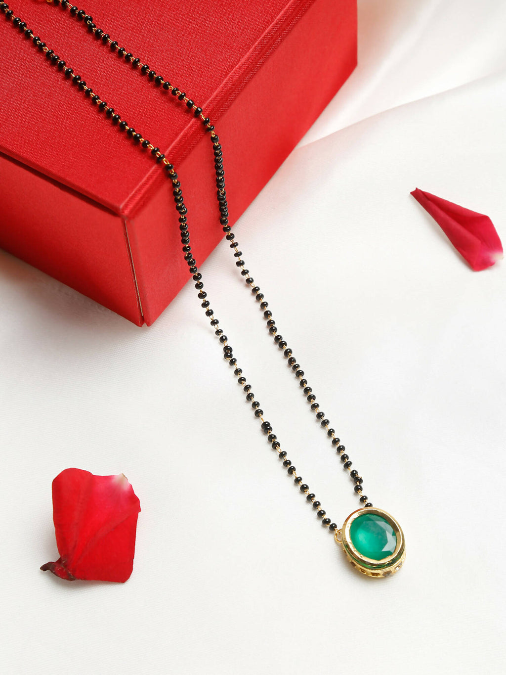 Gold-Plated Black Beaded Green Kundan Studded Handcrafted Mangalsutra - Ruby Raang - Distacart