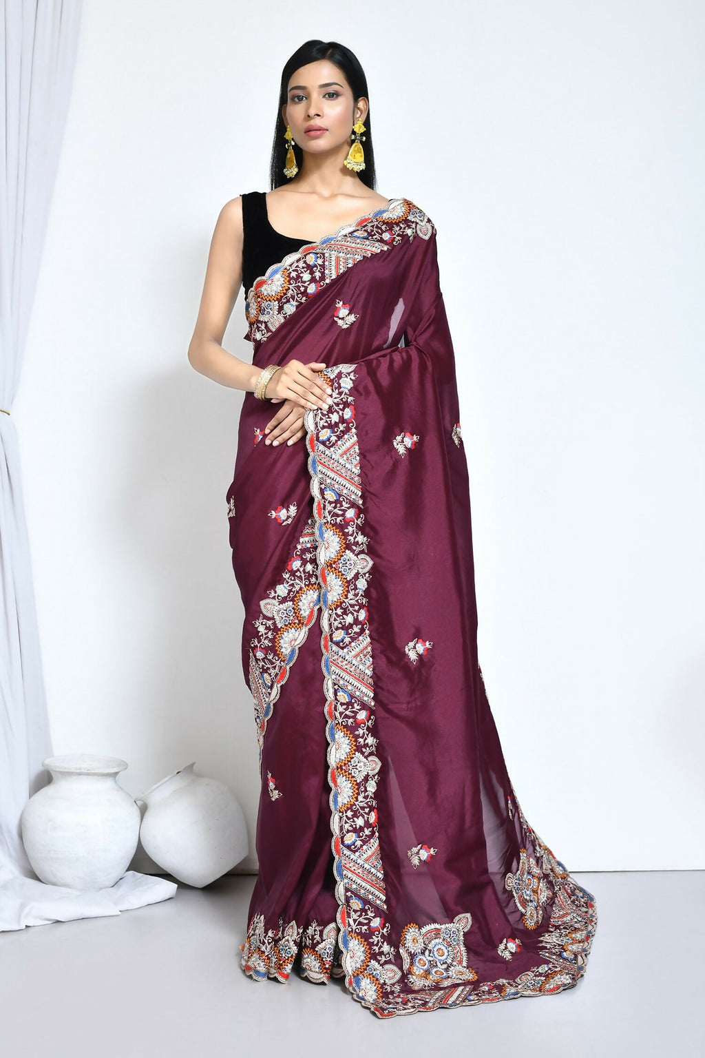 Purple Crepe Silk Sequence Embroidered Saree - Nimaya Benzy