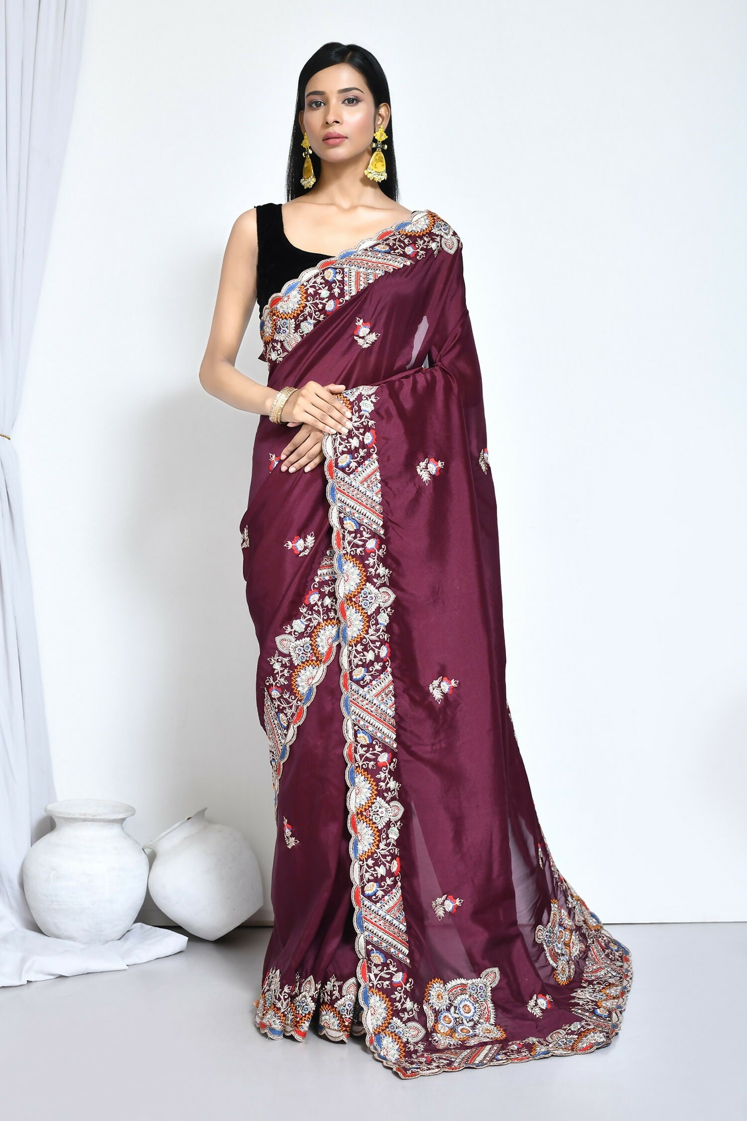 Purple Crepe Silk Sequence Embroidered Saree - Nimaya Benzy